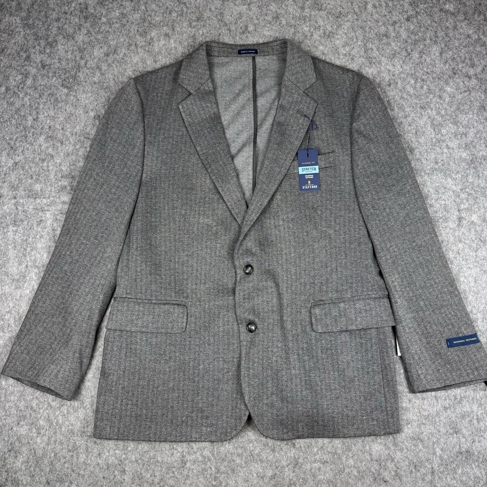 NEW $168 Stafford Men Blazer 46 Short Gray Herringbone Stretch Sport Coat Jacket